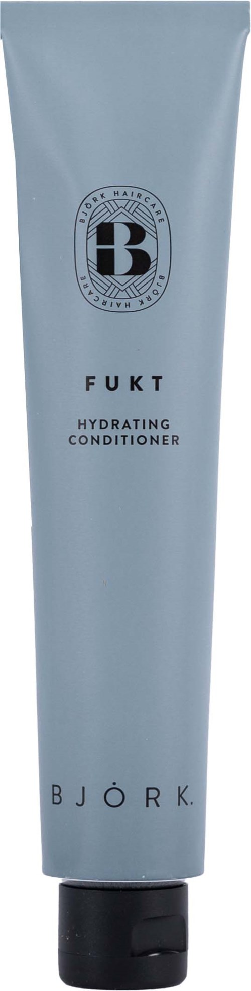 Ein hellgrauer Tube mit Björk Fukt Hydrating Conditioner und schwarzen Deckel.
