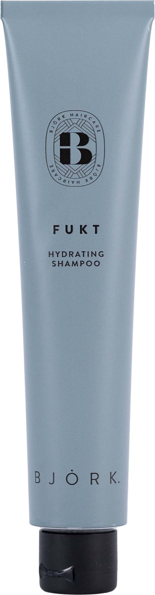 Ein hellblauer Tube mit Björk Fukt Hydrating Shampoo, schwarzem Deckel und Logo oben.