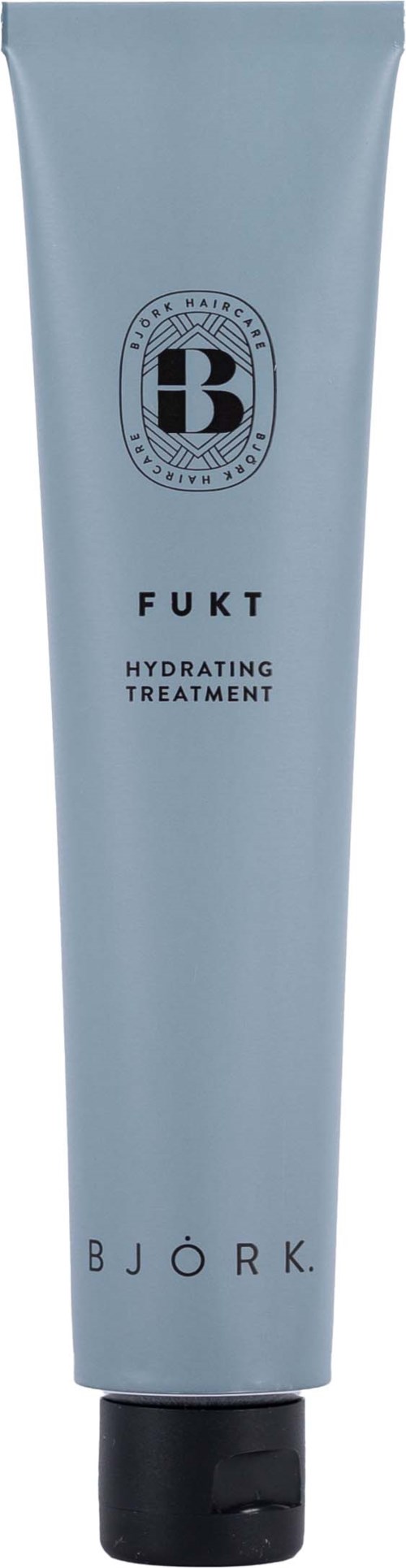 Ein hellblauer Tube mit Björk Fukt hydratisierende Behandlung, schwarzen Deckel, mit Logo und Produktname.