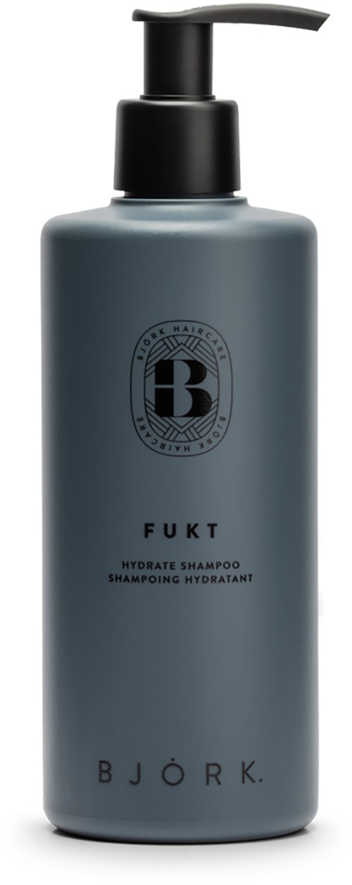 Eine graue Flasche mit schwarzer Pumpe, beschriftet Björk Fukt Hydrate Shampoo mit einfachem Text.