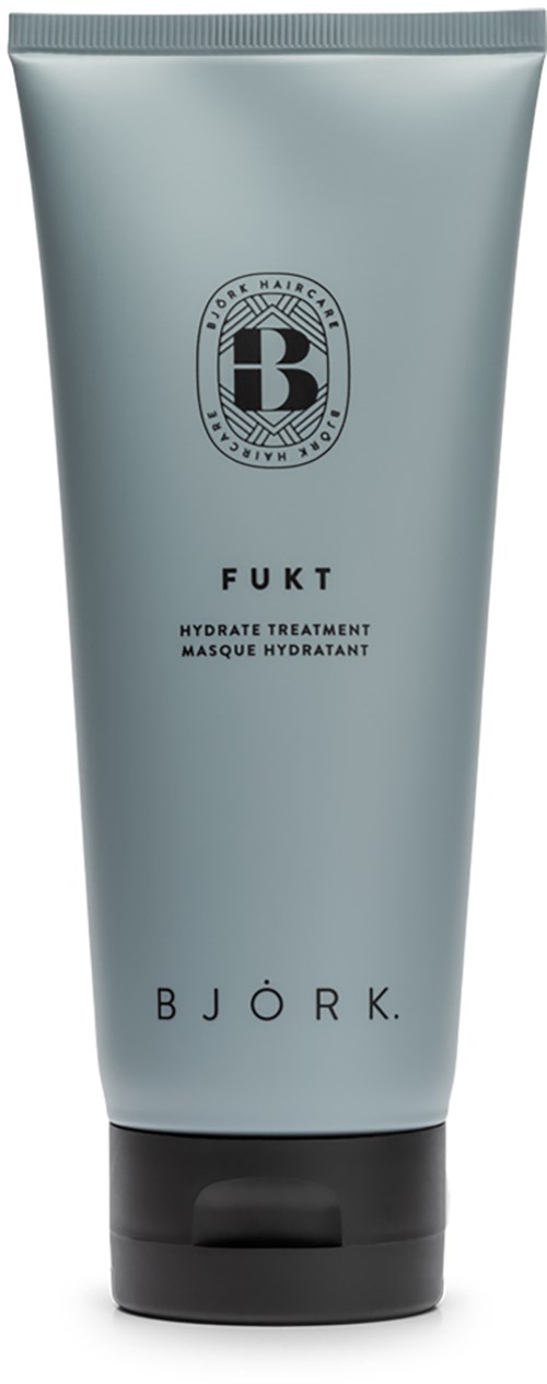 Een lichtblauwe tube van Björk hydraterende behandeling met zwarte dop en etiket met logo en productgegevens.