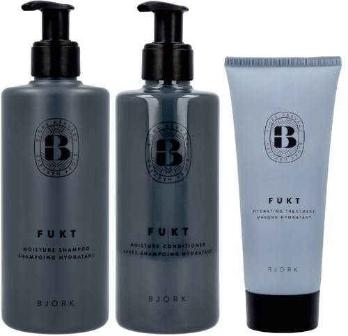 Drei Bjork Fukt Haarpflegeprodukte: Shampoo, Conditioner und Feuchtigkeitsbehandlung in grauen Flaschen und Tube.