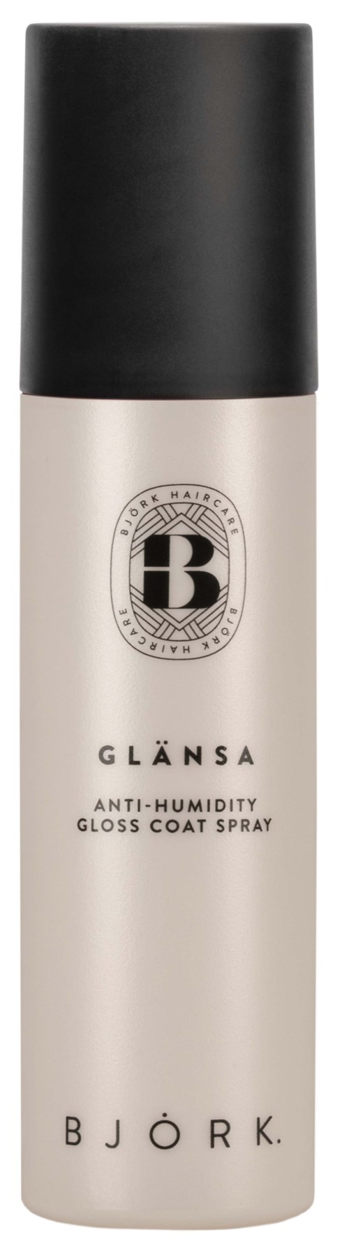 Valkoinen aerosolispraypullo mustalla korkilla, merkiltään Glänsa Anti-Humidity Gloss Coat Spray Björk.