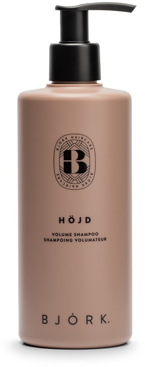 Beige Flasche mit schwarzen Pump, gekennzeichnet mit "BJÖRK" und "HÖJD Volume Shampoo," mit Logo oben.