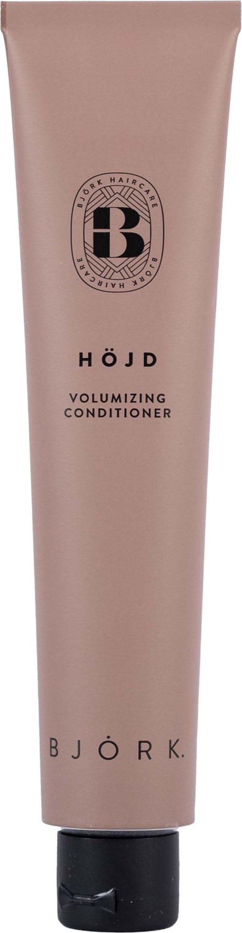 Eine rosa Tube mit Björk HÖJD Volumenconditioning mit schwarzem Verschluss und Markenlogo oben.