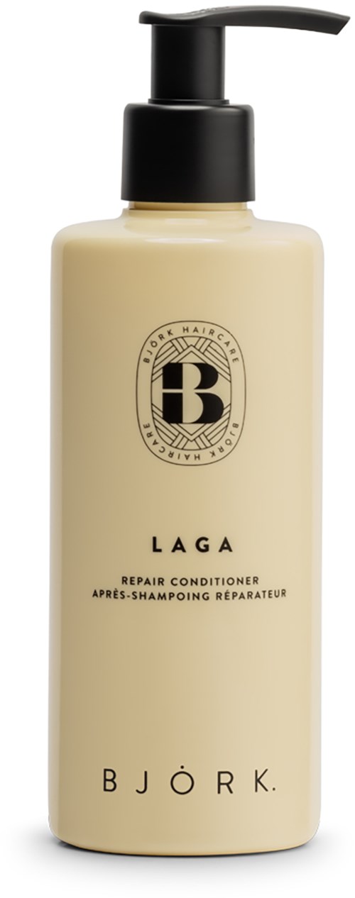Eine Shampoo-Flasche mit schwarzem Pumphals, beschriftet Björk Laga Repair Conditioner, in Cremefarbe.