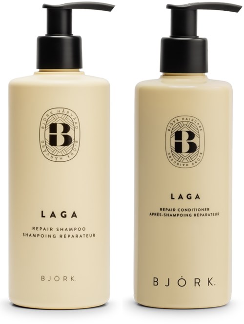 Zwei Flaschen Bjork Laga Reparaturschallshampoo und Conditioner mit schwarzen Pumpenkappen.