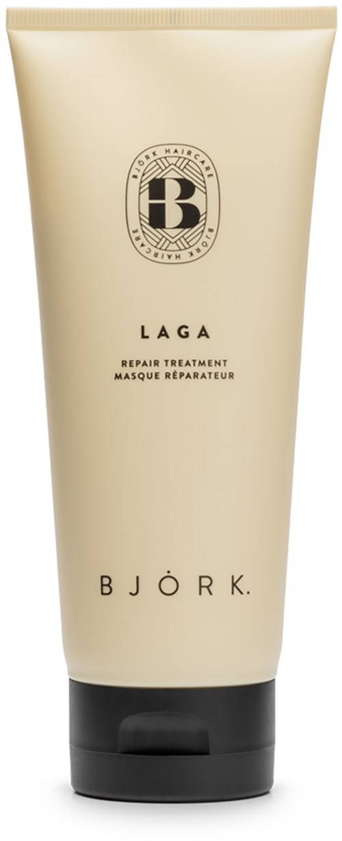 Eine beige Tube mit schwarzem Deckel, zeigt ein Logo und Text über Haarreparatur von Björk.