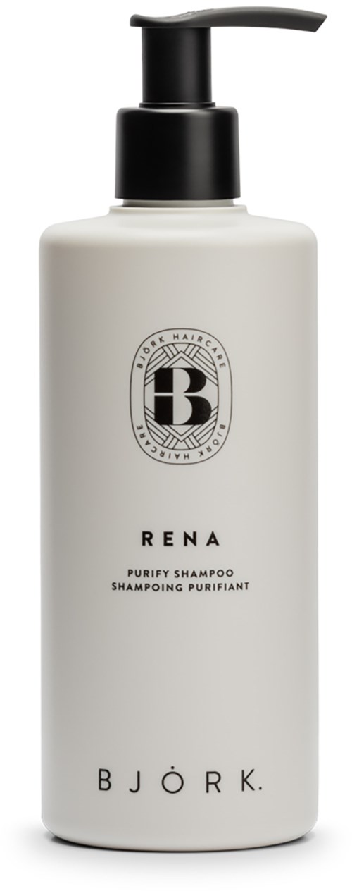 Eine weiße Flasche mit schwarzem Pumpkopf, beschriftet RENA Purify Shampoo von Björk.