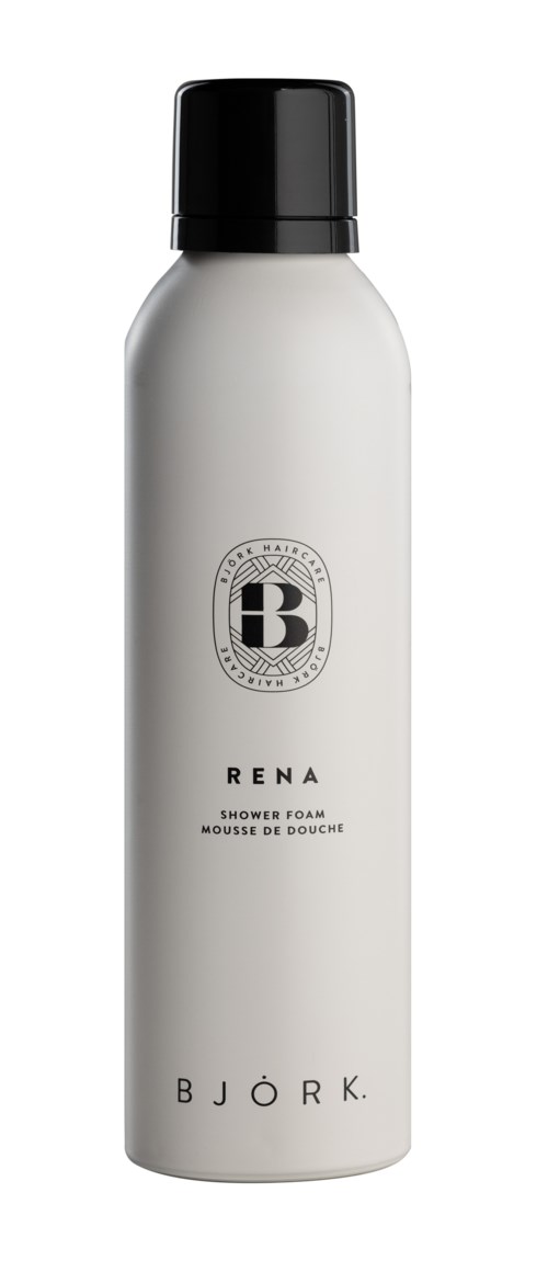 A white bottle with a black cap for shower foam, labeled with a logo, brand name Bjork, and product name Rena.