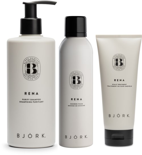 Drei weiße Björk Rena Haarpflegeprodukte: Shampoo, Duschschaum und Kopfhautbehandlung im einfachen Design.