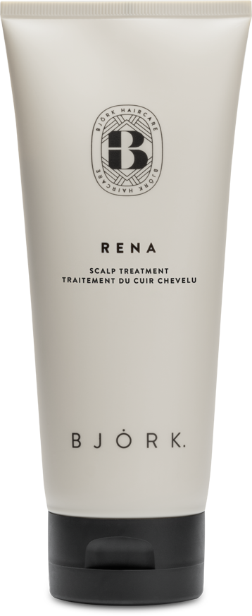 Eine weiße Tube mit der Aufschrift Bjork Rena Scalp Treatment, mit schwarzem Text und Logo oben.