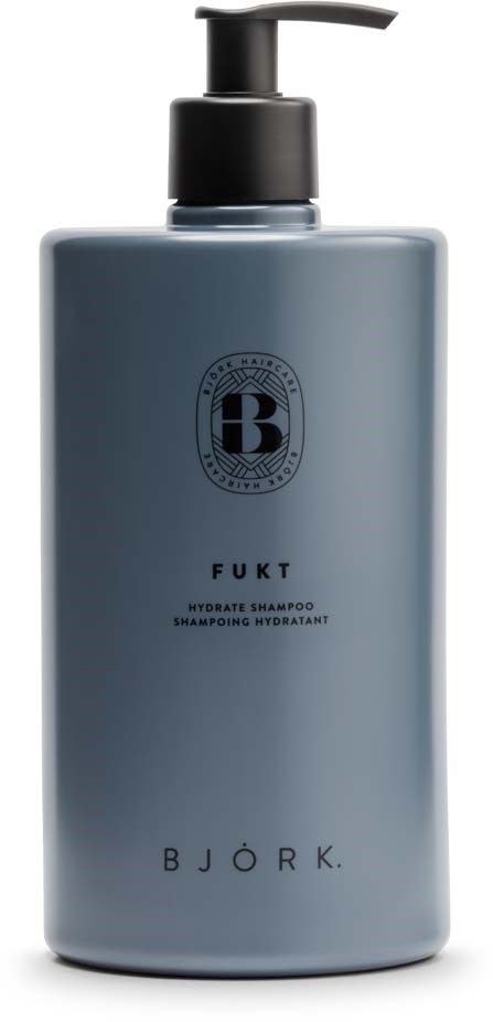 Eine graue Shampoo-Flasche mit schwarzem Pumphahn, Logo und Text für Fukt Hydrate Shampoo von Bjork.