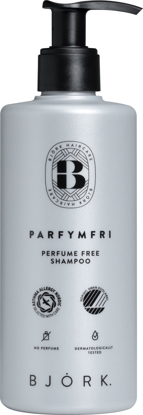 En hvit sjampo fluestykke med svart pumpe, merket 'Björk Parfumfri' og ikoner som indikerer at den er uten parfyme og dermatologisk testet.
