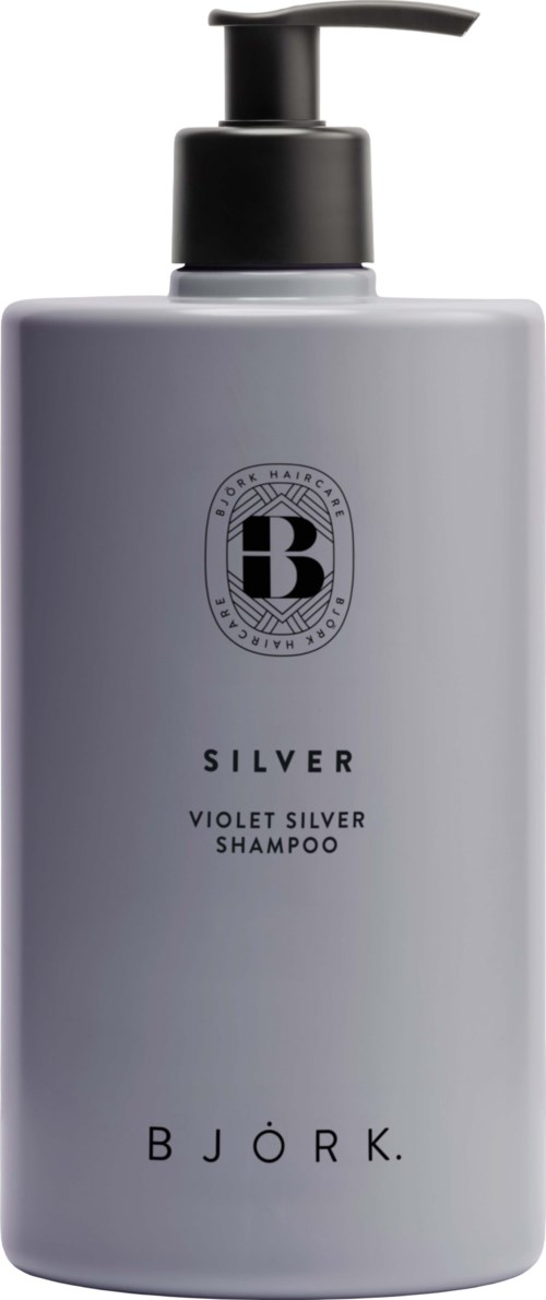 Gray shampoo bottle with black pump labeled Silver Violet Silver Shampoo by Bjork.
