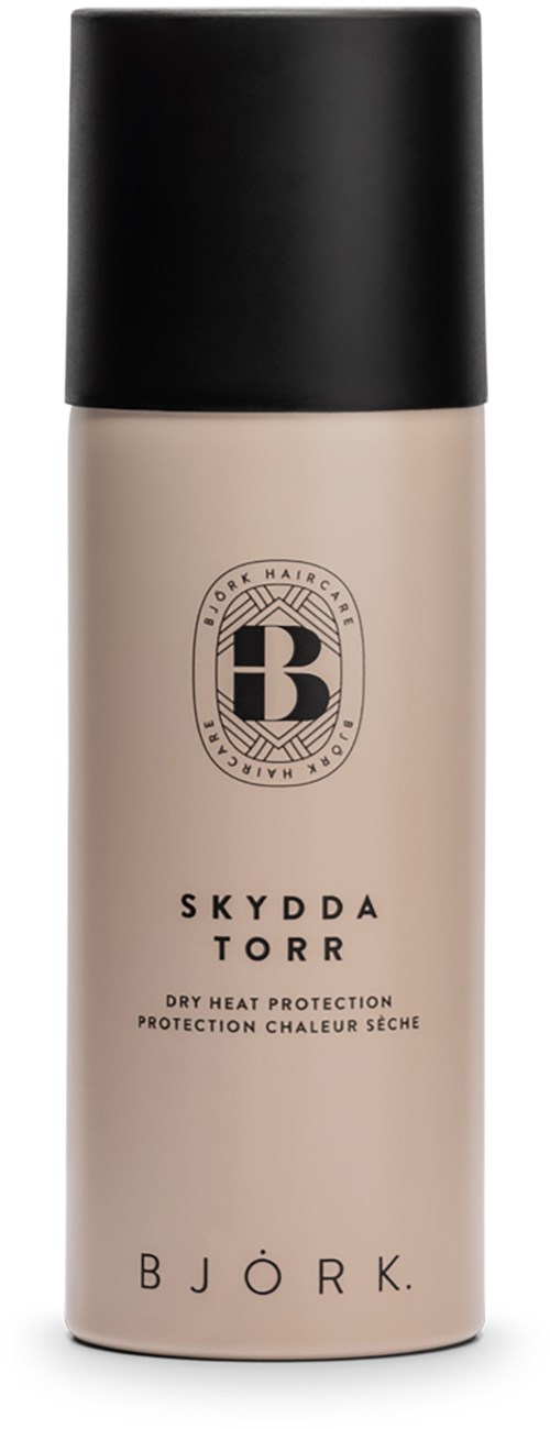 Beige Flasche mit schwarzem Deckel, gekennzeichnet Björk Skydda Torr, für Trockenhitze-Schutz. Logo auf der Vorderseite.