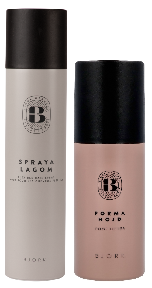 Zwei Flaschen, eine weiß mit schwarzem Deckel, eine rosa mit schwarzem Deckel, gekennzeichnet als Haarspray und Körperlotion.