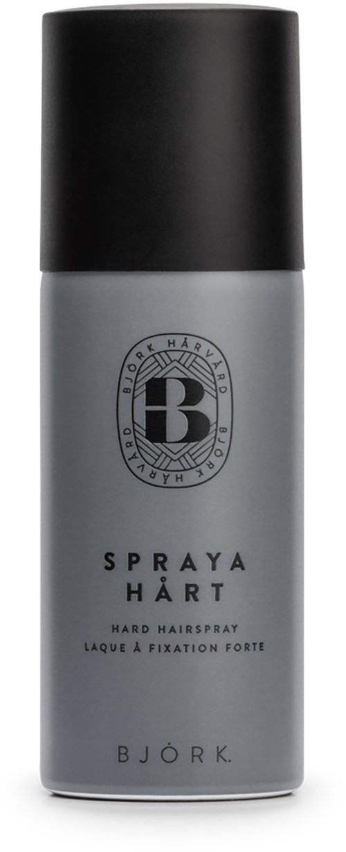 En grå och svart burk med text och logotyp, märkt som hårspray för starkt hår av Bjork.