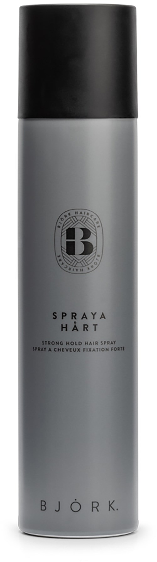 Ein silberne und schwarze Haarspraydose mit Logo und Text.