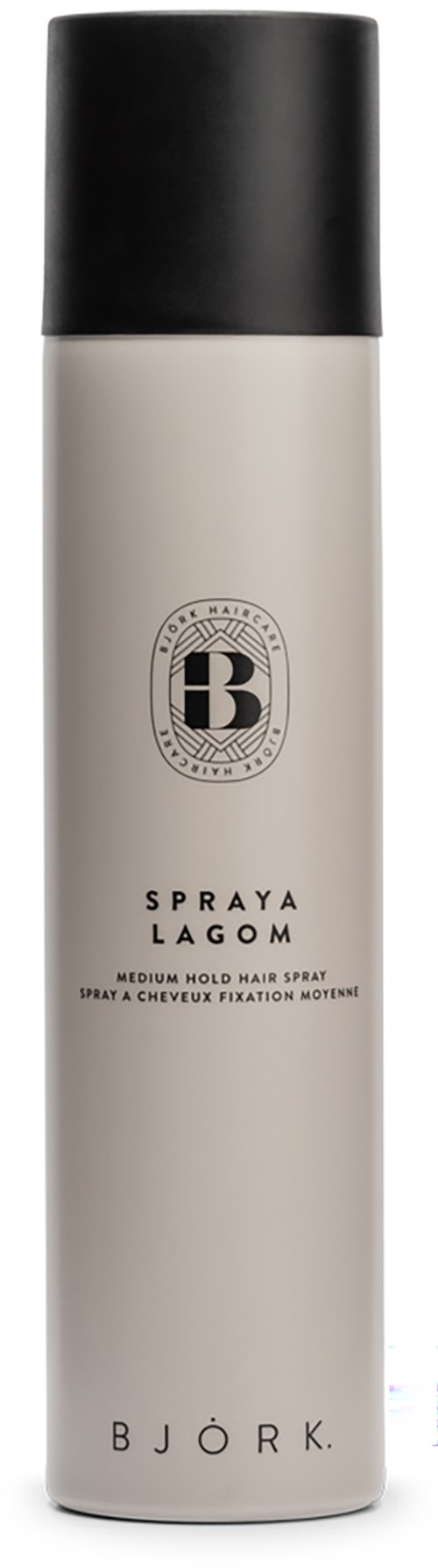 Ein langer, weißer, zylindrischer Sprühdosen mit schwarzem Deckel, beschriftet 'Bjørk' und 'Spraya Lagoon'.