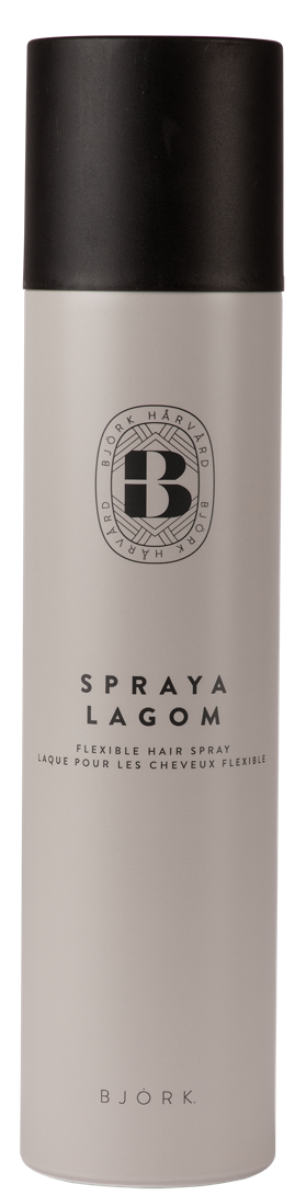 Eine weiße Sprühflasche mit schwarzem Deckel, beschriftet 'Spraya Lagom' und 'Bjork'.