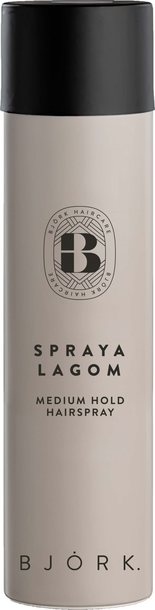 Lange, weiße und schwarze Haarspraydose mit der Aufschrift 'Spraya Lagom' für mittleren Halt von Bjork.