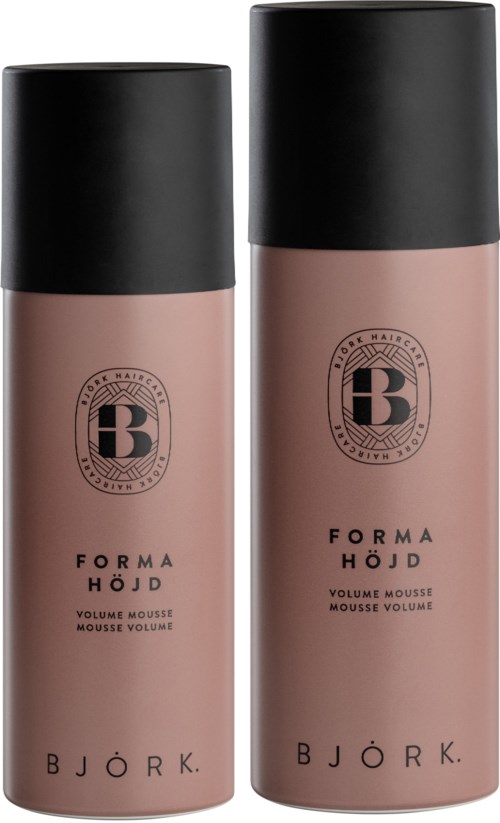 Zwei zylindrische Behälter mit schwarzen Deckeln und rosa Körpern, gekennzeichnet als Bodum Volume Mousse von Björk.