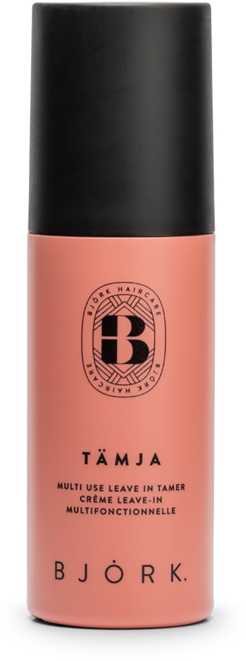 Eine rosa Flasche mit schwarzem Deckel, gekennzeichnet Björk Tämja, für Leave-in-Haarbehandlung.