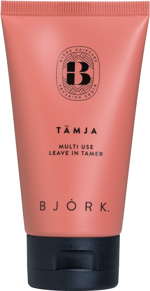 A pink tube of leave-in hair product with black cap, labeled with a logo and text.