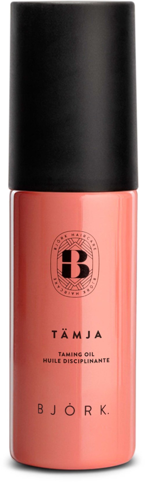 Hellrosa Flasche mit schwarzem Deckel, gekennzeichnet BJÖRK TÄM JA Taming Oil. Einfache Gestaltung, sieht wie ein Hautpflegeprodukt aus.