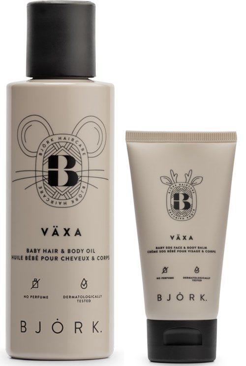 Zwei Hautpflegeprodukte: Babyhaar- und Körperöl sowie Gesicht- und Körperbalsam.