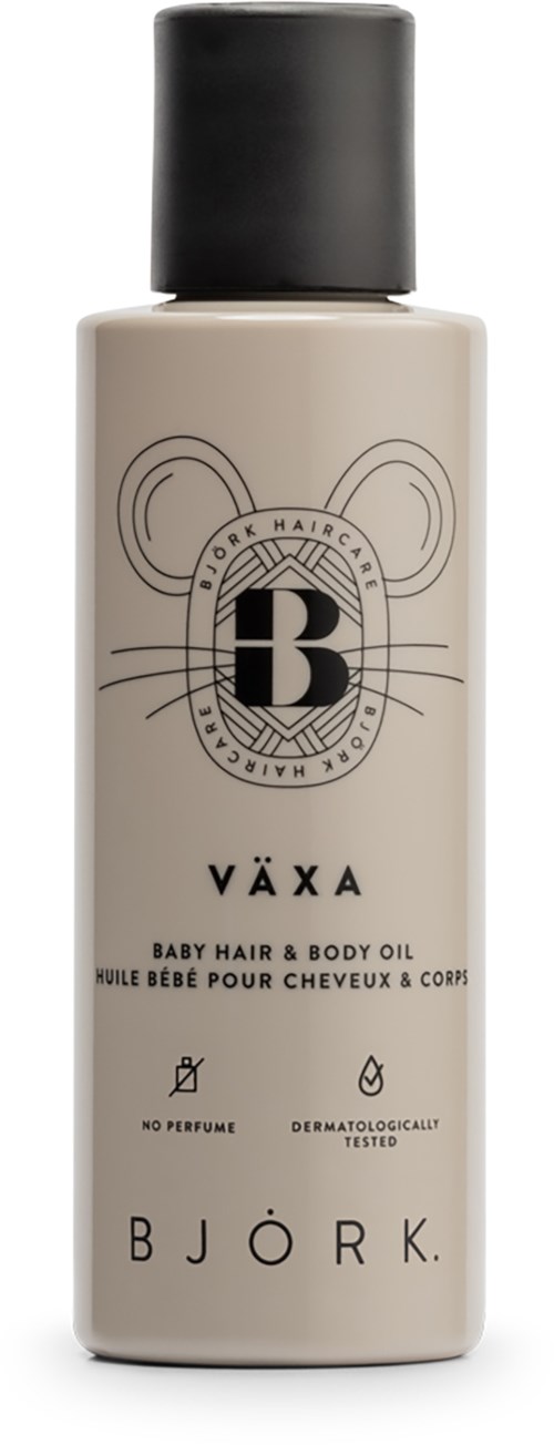 Eine hellfarbige Flasche mit Mauslogo, bezeichnet VÄXÄ, für Babyhaare- und Körperöl, kein Parfüm, getestet.