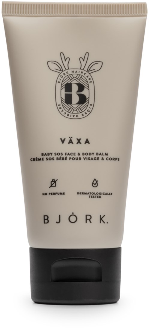 Weiße Tube mit Björk Växa Baby-Gesichts- und Körperbalsam, schwarzer Deckel, ohne Parfüm, dermatologisch getestet.