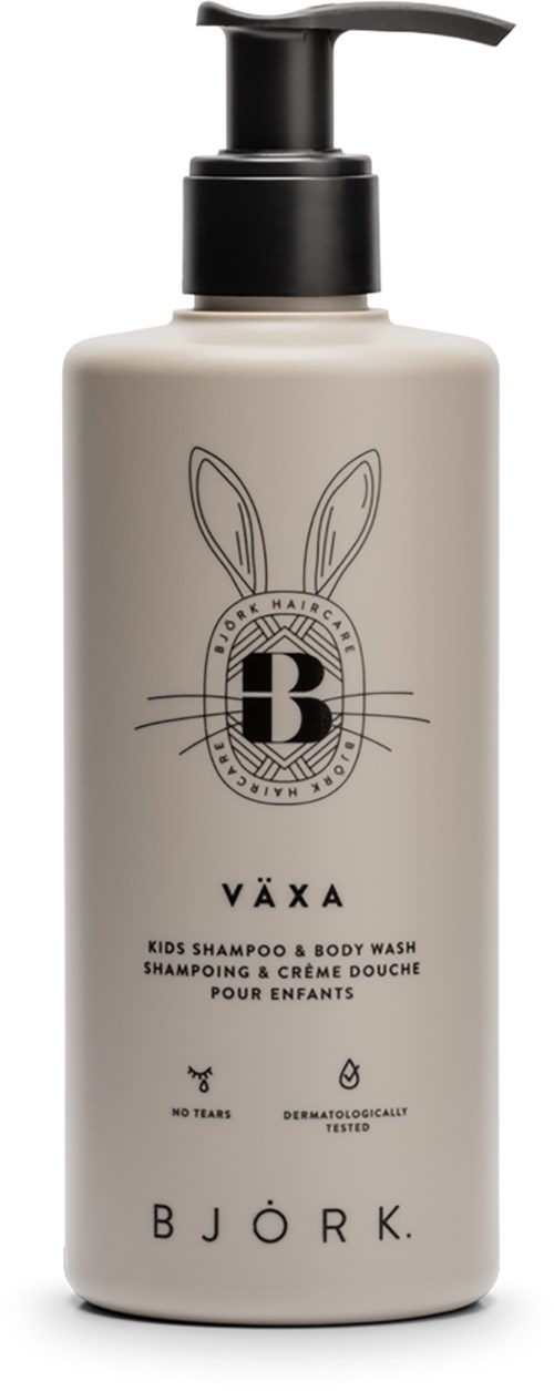 A beige bottle with a black pump, bunny logo, and text for kids' shampoo and body wash by Björk.