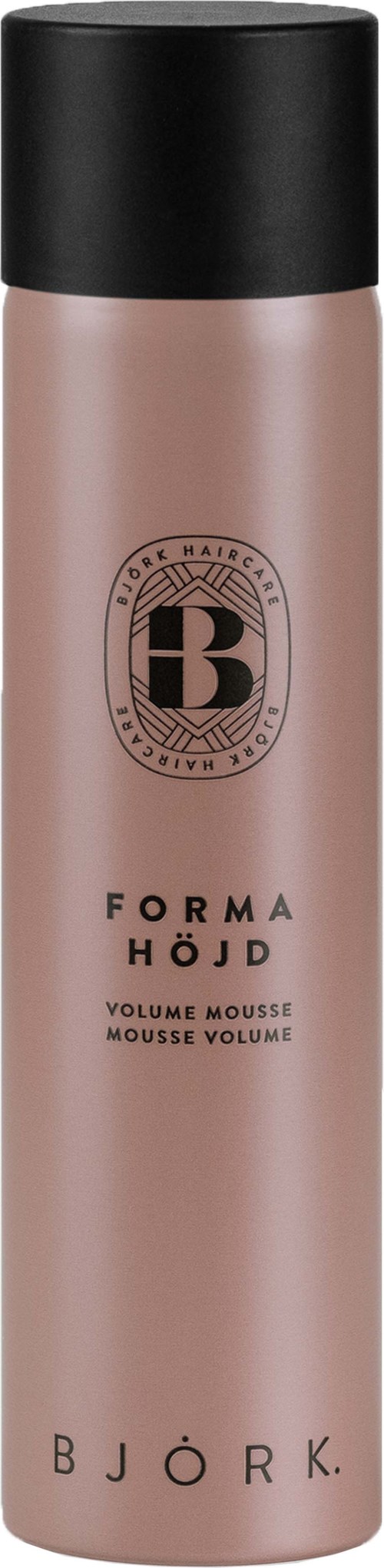 Eine lange, pinke Dose mit schwarzem Deckel, gekennzeichnet als Volumen-Mousse von Björk, mit Logo und Produktname.