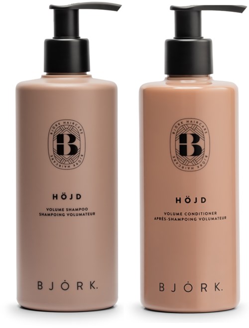 Zwei Flaschen Haarpflegeprodukte: Shampoo und Conditioner von Björk, mit schwarzem Pumpspender.