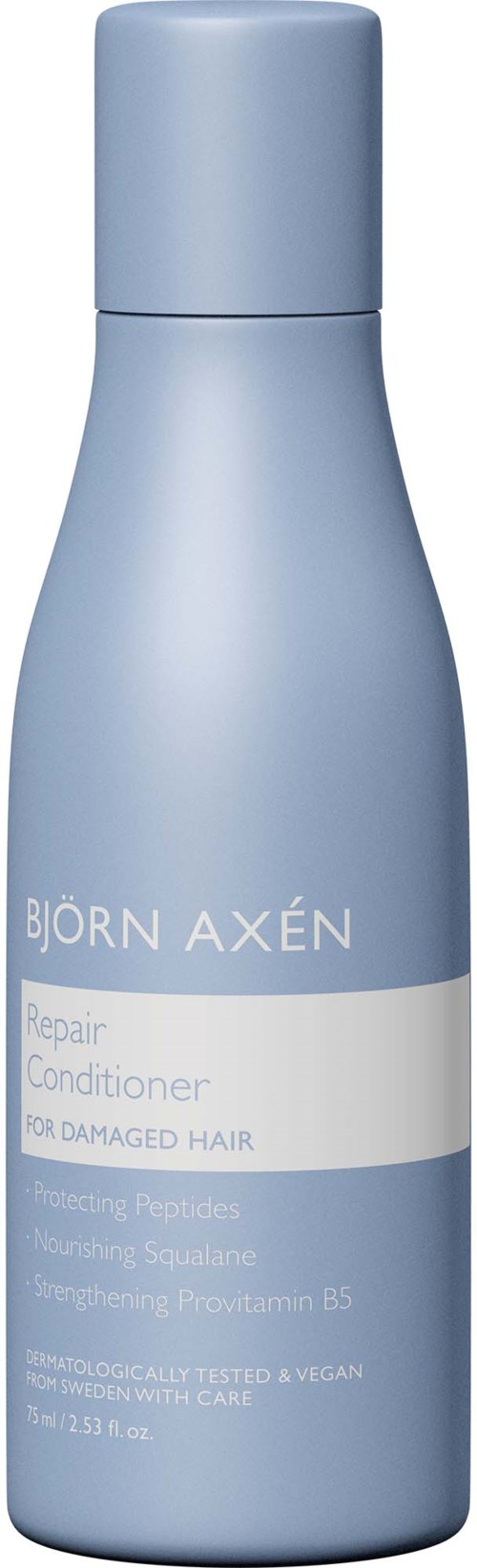 Een lichtblauwe fles met label Björn Axén Repair Conditioner voor beschadigd haar, simpel ontwerp en witte tekst.