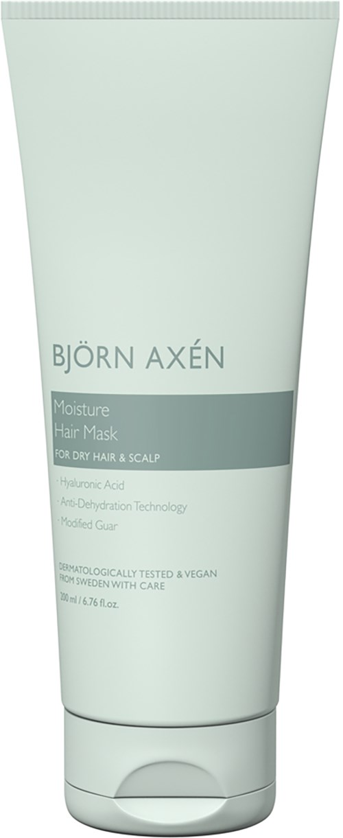 Ett ljusgrönt rör märkt Björn Axén Moisture Hair Mask för torrt hår och hårbotten, med hyaluronsyra.
