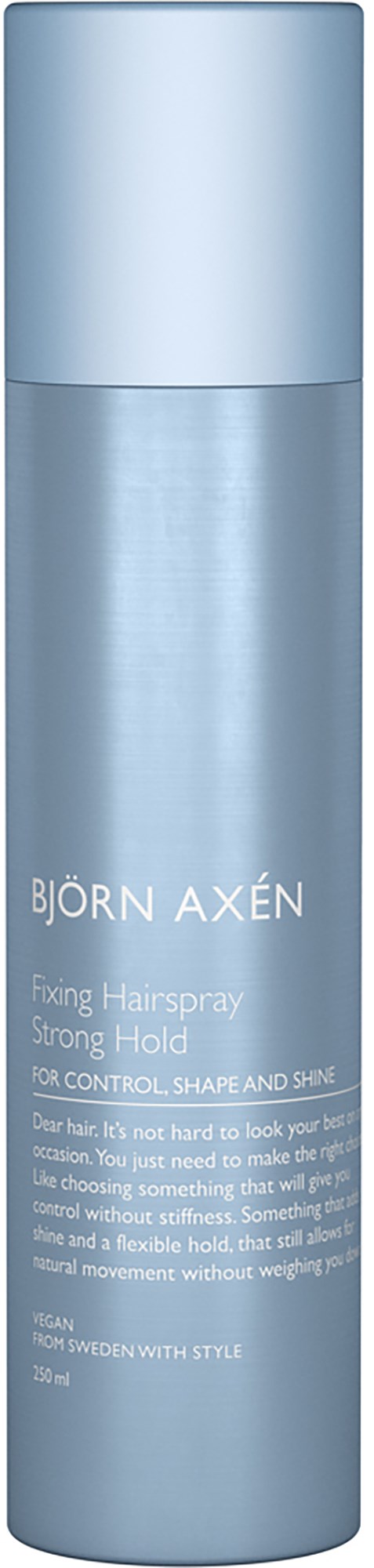 En lång, ljusblå sprayflaska av Björn Axén med silverkapsyl. Tydlig märkning och produktinformation på fronten.
