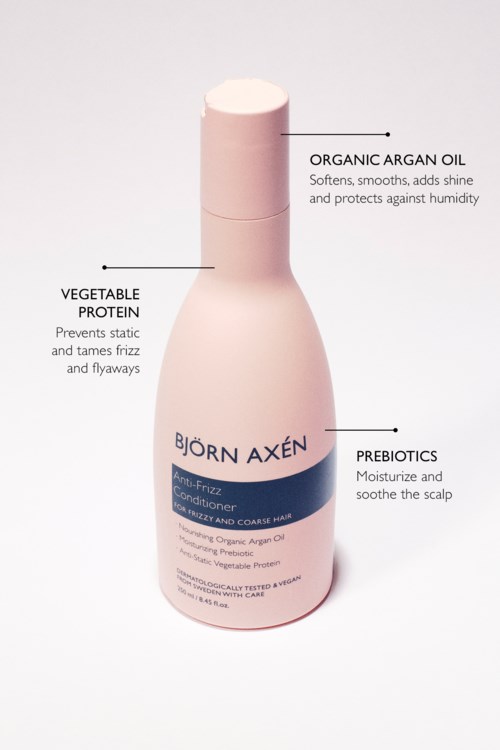 Een roze fles met het label Bjorn Axen, met beschrijvingen van biologische arganolie, plantaardig eiwit en prebiotica voor haarverzorging.