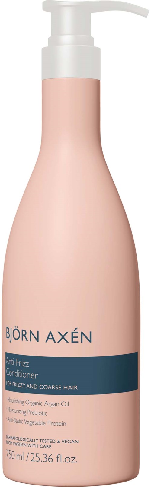 Roze fles met Björn Axén conditioner voor kroes en dik haar, met pompverstuiver.