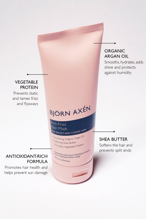A hair mask tube with ingredients like argan oil, vegetable protein, shea butter, and a list of benefits.