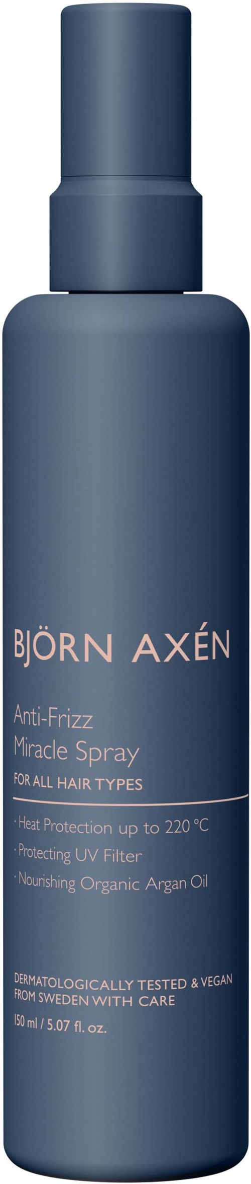 Een blauwe flesje Björn Axén haarspray met spraydop, voor alle haartypes en UV-bescherming.