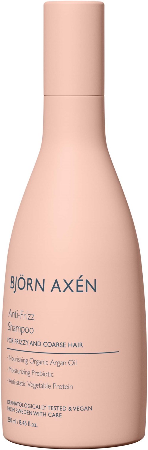 Roze fles met Björn Axén, shampoo voor kroes- en dik haar met biologische arganolie. Veganistisch en dermatologisch getest.