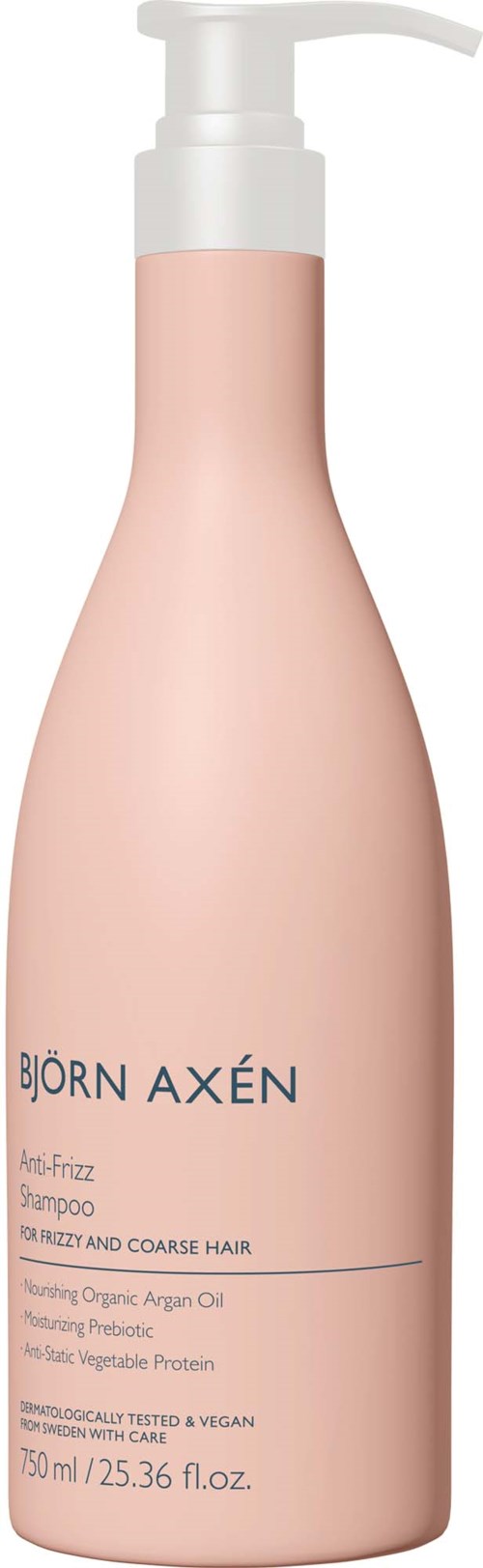 Een roze fles met pomp bevat Björn Axén Anti-Freeze Shampoo voor kroes en grof haar.