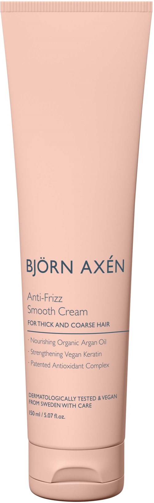 Een lichtroze tube van Björn Axén anti-frizz gladmakende crème voor dik en ruw haar, met natuurlijke ingrediënten en vegan getest.