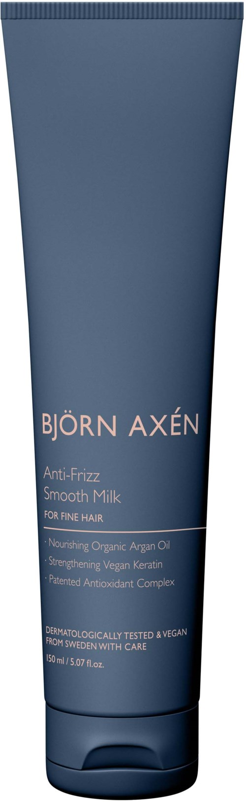 Blauwe tube van Björn Axén anti-pluis glad melk voor haar, bevat biologische arganolie, veganistisch keratine en antioxidanten.