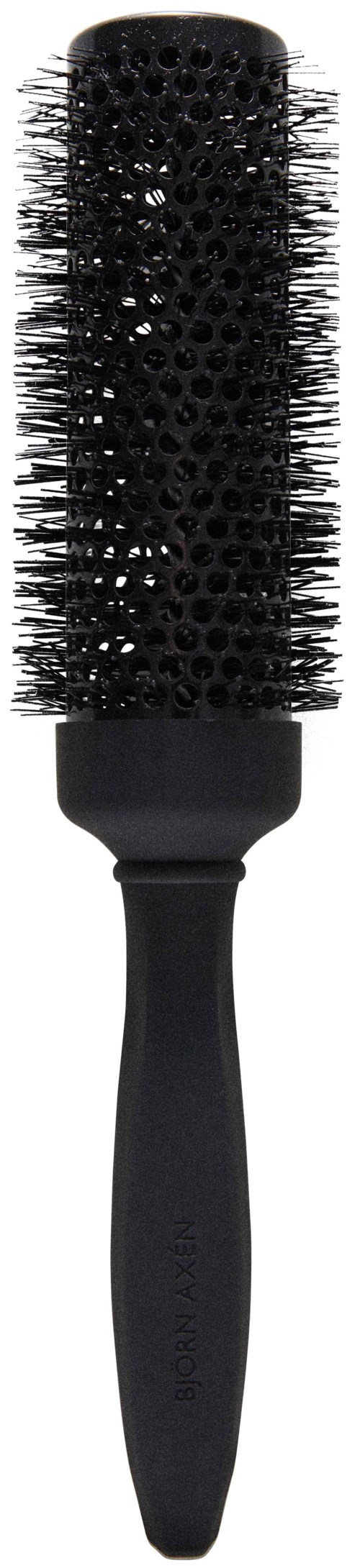Eine schwarze runde Haarbürste mit Griff und Borsten, zum Stylen der Haare.