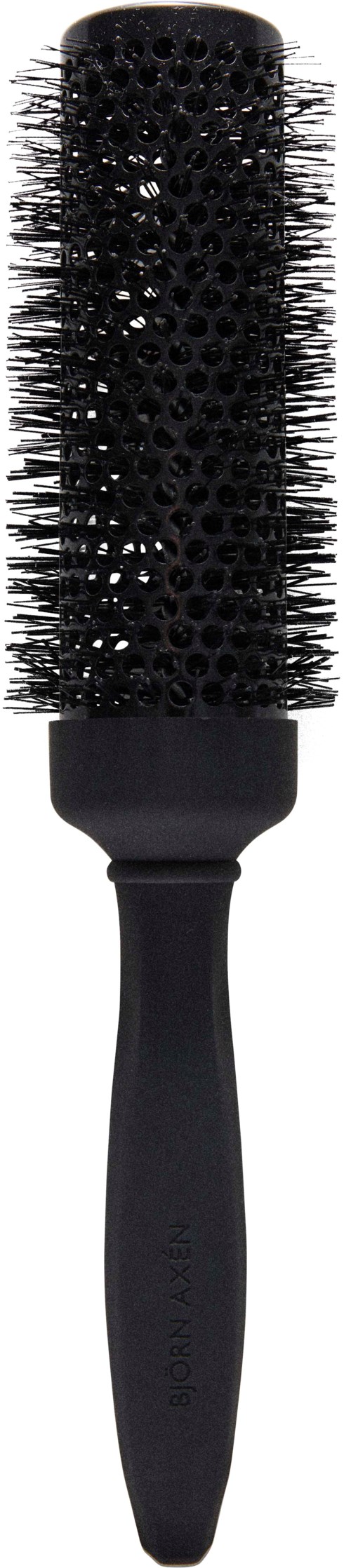 Eine schwarze runde Bürste mit Borsten und Griff, zum Stylen von Haaren.