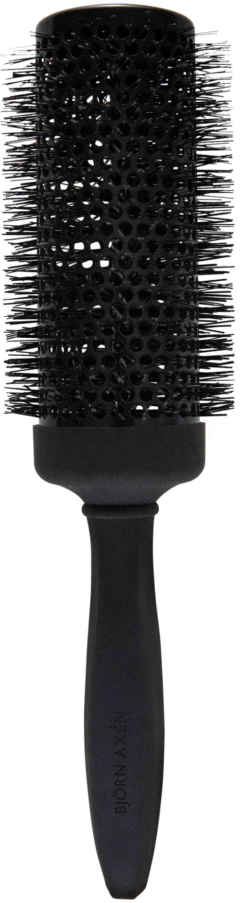 Eine schwarze runde Bürste mit Griff, zum Frisieren der Haare. Sie hat viele Borsten drumherum.